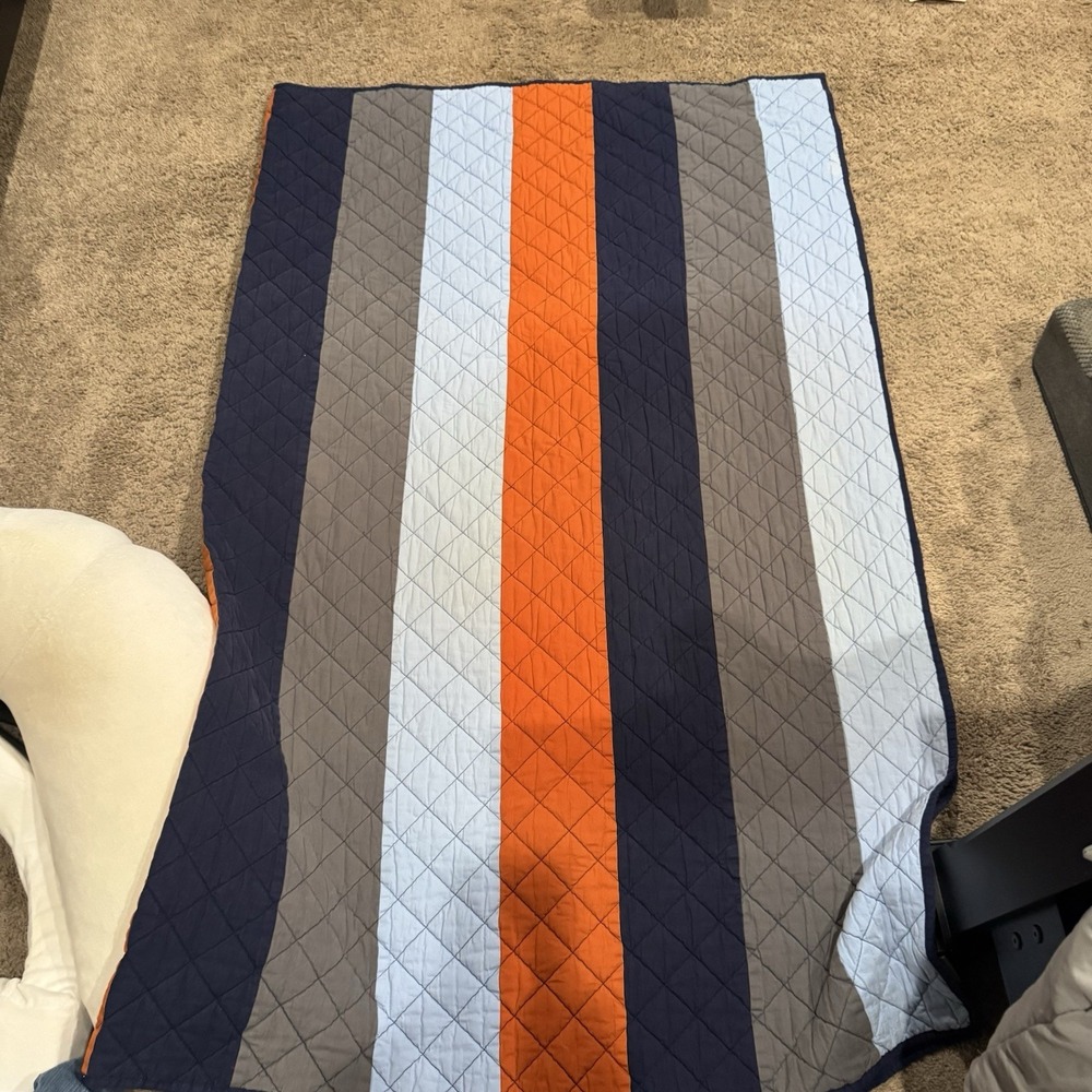 Pottery Barn Kids Orange Blue Gray Block Stripe Quilt Comforter Sham Twin XL Ful